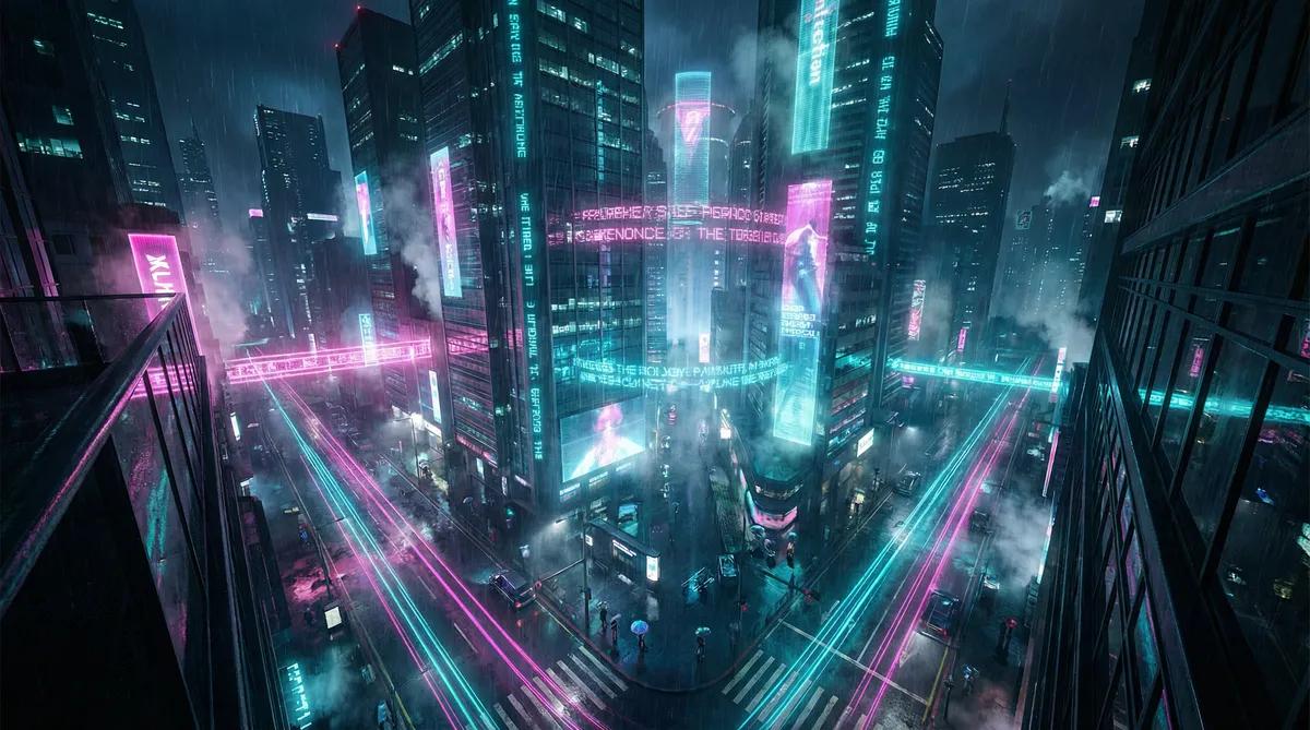www.绿帽社.com 竖屏短剧平台首页背景 - 赛博朋克都市夜景